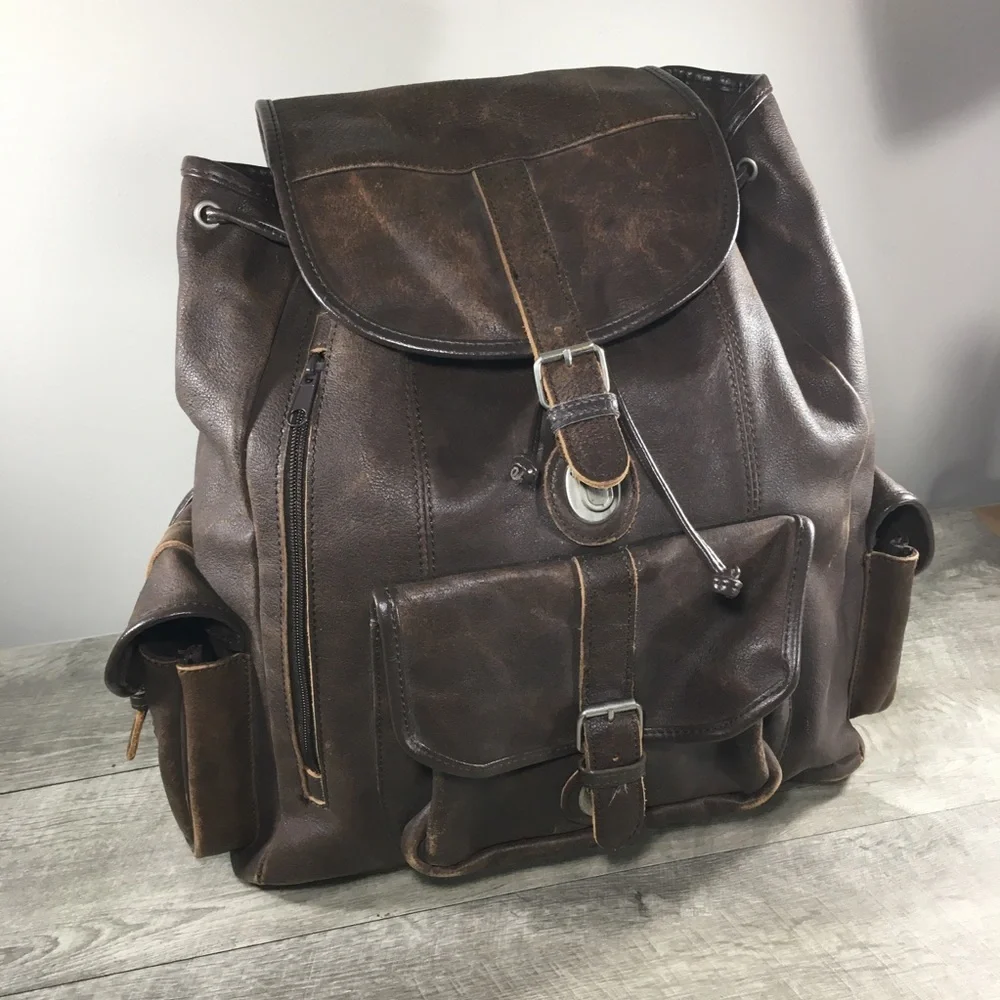 Vintage Brown Leather Book Pack Camping School Day Knapsack Backpack Rucksack